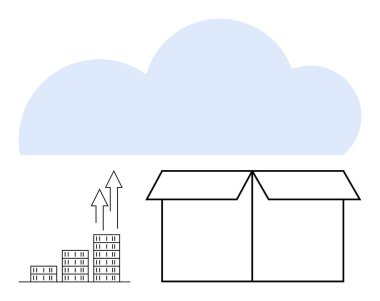 Kutu açık, bulut şeklinde, yukarı doğru istiflenmiş oklar büyüme, depolama ve erişilebilirliği temsil ediyor. Veri yönetimi, e-ticaret, ölçeklenebilirlik, lojistik yenilik ilerlemesi için ideal