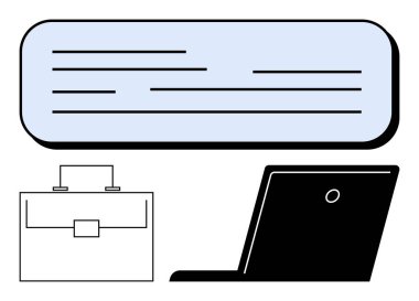 Mavi metin kutusu, siyah dizüstü bilgisayar ve özetlenmiş evrak çantası verimliliği, iletişimi ve organizasyonu vurguluyor. İş için ideal, iş araçları, planlama, veri paylaşımı dijital
