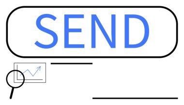 Büyük gönderme düğmesi odaklı, büyüteç yükselen bir grafiği inceliyor. İdeal mesajlaşma, analitik, ilerleme, iş akışı, dijital büyüme, iletişim araçları, soyut çizgi düz metaforu