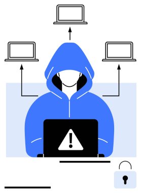 Hooded figure using a laptop with alert symbol, connected to multiple devices. Ideal for cybersecurity, hacking, data breach, online fraud, privacy, information security, abstract line flat metaphor clipart