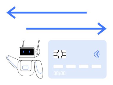 Kredi kartı yanındaki yapay zeka robotu ve otomatik ödeme sistemlerini, güvenli işlemleri ve fintech yeniliklerini gösteren çift yönlü oklar. Finans, e-ticaret, yapay zeka, bankacılık, mobil ödemeler için ideal
