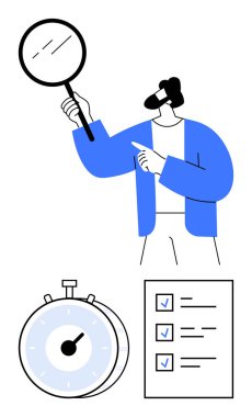 Elinde büyüteç, kronometre ve kontrol listesi olan adam görev analizini, zaman yönetimini ve hedef belirlemeyi sembolize ediyor. Üretkenlik, organizasyon, öncelikler, verimlilik için ideal