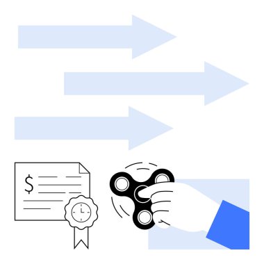 Kıpır kıpır dönen bir el, mühürlü imzalı bir sertifika ve sağa bakan oklar. Ticari ilerleme, rahatlama, sertifika, odaklanma, başarı, üretkenlik ve ileriye dönük ideal