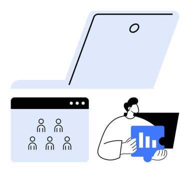 Laptop, sanal toplantı arayüzü ve grafikleri analiz eden kişi takım çalışması, çevrimiçi işbirliği, uzaktan çalışma, veri paylaşımı, teknoloji verimliliği, e-öğrenme yeniliği temsil ediyor. Soyut satır düzlüğü