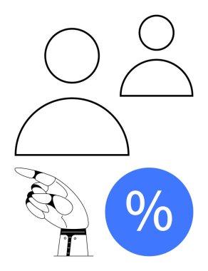 Robotik el, iki farklı boyutta insan silueti olan mavi yüzde ikonunu işaret ediyor. Teknoloji, otomasyon, finans, robotik, yenilik, dijital dönüşüm, yapay