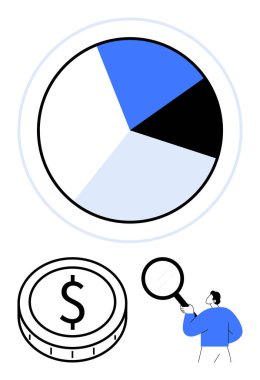 Mavi, siyah ve beyaz kesitli turta tablosu dolar işaretli bozuk para büyüteçle analiz eden kişi. Bütçe, analitik, finans, istatistik, ekonomi yatırımları için ideal soyut çizgi