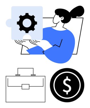 Stratejinin bir sembolü olarak elindeki yapboz parçasını evrak çantası ve para ile eşleştirmiş bir kadın. Takım çalışması, problem çözme, finans, iş planlaması, yönetim, yenilik, soyut çizgi