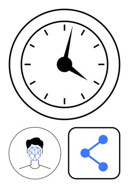 Siyah elli büyük saat, geometrik yüz tanıma çizgisi, mavi düğümlü sembol. Zaman yönetimi, yapay zeka geliştirme, ağ oluşturma, yüz tanıma, bağlantı, teknolojik ilerleme için ideal