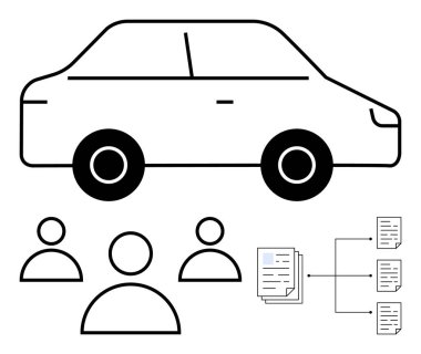 Bir arabanın taslağı ve insan simgeleri, dokümanlar ve akış şeması çizgileri. Takım çalışması, iş akışı, işbirliği, ulaşım lojistiği, veri paylaşımı, organizasyon soyut hattı için ideal