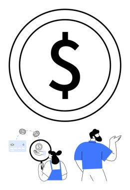 Büyük bir madeni paranın içindeki dolar işareti zenginliği simgeler. Muhabbetteki iki kişi büyüteç kullanarak finansal verileri değerlendiriyor. Ekonomi, yatırımlar, tasarruflar, bankacılık, pazar analizi ve finans için ideal