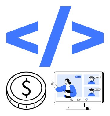 Kod sembolü, dolar parası ve ekranda öğretmen ve öğrencilerin olduğu sanal sınıf sahnesi. Teknoloji eğitimi, finans, çevrimiçi eğitim, geliştirme, e-öğrenme, yatırım soyut çizgisi için ideal