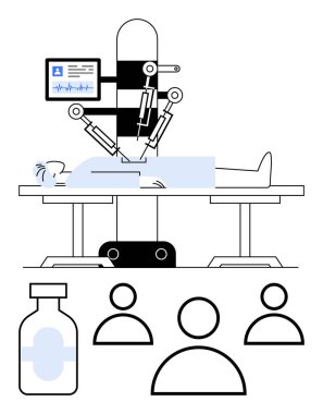 Cerrahi masadaki hasta ekran ekranı ve tıbbi tüpüyle robot kollar tarafından izleniyor. İkon olarak sağlık ekibi. Cerrahi, teknoloji, tıp, robotik, yapay zeka, takım çalışması, soyut