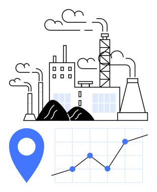 Duman yayan fabrika binaları, yer işaretleyicisi ve büyüme gösteren çizgi grafiği. Üretim, üretim, analitik, endüstriyel kalkınma, planlama ve soyut çevre bakımı için ideal