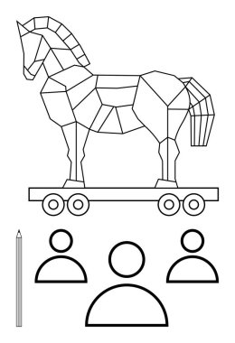 Yuvarlanan platformdaki geometrik Truva atı, üç soyut insan simgesi, dikey kalem. Strateji, aldatma, takım çalışması, eğitim, öğrenme, yaratıcılığın planlanması için ideal soyut çizgi