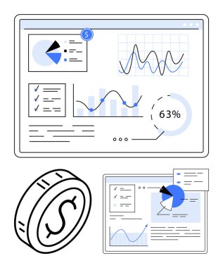 Turta grafiği, çizgi grafiği, kontrol listesi, 63 istatistik ve para birimi olan gösterge paneli. Finans, bütçe, analitik yatırımlar ekonomi stratejisi büyümesi için idealdir. Soyut çizgi düz metafor
