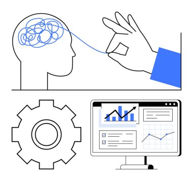 Persons brain untangled by hand, cogwheel, analytics on computer screen. Ideal for mental clarity, productivity, organization, problem-solving, decision-making, focus abstract line flat metaphor clipart