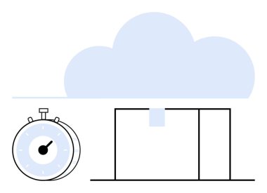 Bulutların altındaki bir paketin yanında duran kronometre hızlı nakliye, dijital lojistik ve bulut hizmetlerini ön plana çıkarıyor. Teslimat için ideal, e-ticaret, teknoloji, otomasyon, verimlilik, lojistik soyut