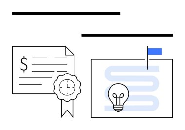 Dolar işareti ve madalyayla birlikte bir yol haritası, ampul ve bayrak. Başarı, başarı, yenilik, planlama, yaratıcılık, finansal ödül, eğitim için idealdir. Basit soyut