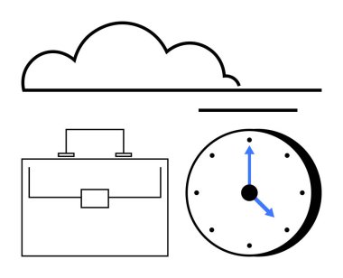 Bulut, evrak çantası ve saat üretkenliği, iş-yaşam dengesini ve zaman takibini vurguluyor. Proje yönetimi, bulut hesaplama, zaman yönetimi, dijital depolama zamanlaması için ideal