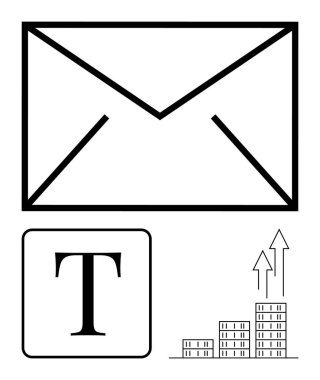 Mesajlaşma için büyük zarf simgesi, tipografi ya da metin için kalın T, yukarı doğru oklarla istiflenmiş bar çizelgesi yapısı. İletişim, içerik, pazarlama, veri analizi, iş stratejileri için ideal