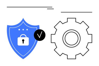Kilit simgesi ve işaretli mavi kalkan siber güvenliği, veri korumasını ve teknoloji entegrasyonunu simgeliyor. IT, güvenlik protokolleri, teknoloji sistemleri, yenilik ve güven için ideal