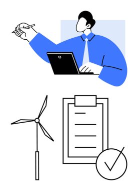Dizüstü bilgisayarın yanında yazan kişi, işaretli liste, rüzgar türbini simgesi. Planlama, sürdürülebilirlik, yenilenebilir enerji, görev yönetimi, eko girişimleri, soyut liderlik çizgisi için ideal