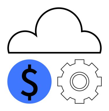 Bulut simgesi mavi dolar işareti ve teçhizat üzerinde, bulut depolama, finans yönetimi ve sistem optimizasyonunu sembolize ediyor. Finans, bilişim, iş stratejisi, analitik, teknolojik yenilik bulutu için ideal