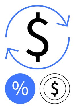 Dolar işaretinin etrafındaki dairesel ok, mavi dairenin içindeki yüzde işareti ve siyah dairenin içindeki dolar işareti. Finans, para birimi, döviz sistemi, tasarruf, yatırım, para yönetimi ekonomisi için ideal