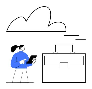 Mavi kazaklı kadın elinde tablet, tepesinde büyük bir bulut ve evrak çantası tutuyor. İş yeri teknolojisi, uzaktan çalışma, veri depolama, kariyer, iş planlaması, inovasyon soyut çizgisi için ideal