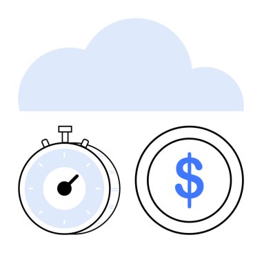 Clock symbolizing time, coin indicating cost, and cloud icon representing cloud technology. Ideal for time-saving, cost efficiency, cloud solutions, financial planning, productivity, data storage clipart