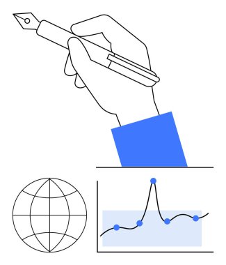 Kalem küresi ve çizgi grafiği ile el, analitiği, yaratıcılığı, küreselleşmeyi, veri içgörüsünü, yeniliği, ilerlemeyi ve stratejiyi sembolize eder. Veri güdümlü tasarım için ideal. Satır metaforu