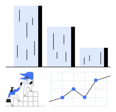Değişen yüksekliklere sahip bar tablosu, yükselen eğilimi gösteren çizgi grafiği, iki kişinin birlikte tırmandığı bloklar. Takım çalışması, başarı, büyüme, işbirliği, liderlik, analitik ilerleme için ideal