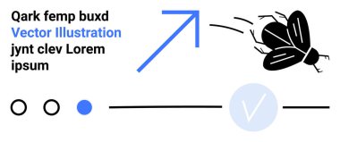 Hareket çizgileri olan uçan siyah böcek, yukarı doğru mavi ok ve lorem ipsum ile yer tutucu metin. Yaratıcı tasarımlar, web siteleri, uygulamalar, eğitim materyalleri, markalaşma, sunumlar için ideal