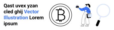 Bitcoin logosu ve büyüteç yanında alışveriş çantası tutan kadın şifreli para, e-ticaret ve analizi sembolize ediyor. Finans, teknoloji, modern bankacılık, dijital ekonomi ve ticaret için ideal