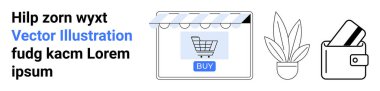 Dijital vitrindeki alışveriş arabası ikonu, saksı bitkisi ve kartviziti çıkmış cüzdan. E-ticaret, çevrimiçi alışveriş, dijital pazarlama, perakende satış, satış işlemleri finansmanı için ideal. İniş