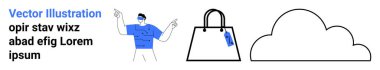 Sıradan giyinmiş, enerjik bir şekilde el kol hareketi yapan, etiketli en az el çantası çizimi olan ve bulutları temizleyen bir adam. E-ticaret, moda, teknoloji, bulut depolama, alışveriş promosyonları, marka dairesi için ideal