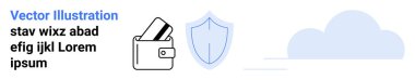 Güvenlik kalkanı simgesinin yanında kredi kartları ve bir bulut bulunan dijital cüzdan. Finans, çevrimiçi güvenlik, güvenlik, bulut depolama, e-ticaret, dijital ödeme fintech kavramları için idealdir. İniş