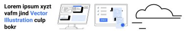 Çevrimiçi ödeme işlemlerini Pay tuşu ile gösteren bilgisayar ekranları, bir bulut çizimi eşliğinde. Teknoloji, finans, e-ticaret, bulut hesaplama, dijital hizmetler için ideal, çevrimiçi
