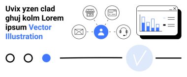 Veri paneli çubuk grafiklerini gösteriyor. Simgeler e-posta, sohbet, kulaklık desteği ve bir kullanıcı profiline bağlı bir mağaza önünü betimler. İş analizi, iletişim, müşteri desteği için ideal