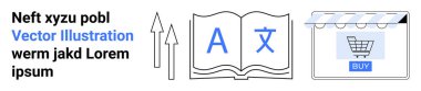 Çok dilli metni olan açık bir kitap, büyümek için yukarı oklar, online alışveriş arabası, depolama arayüzü. Teknoloji, eğitim, e-ticaret, küreselleşme, dil öğrenme yeniliği web tasarımı için ideal