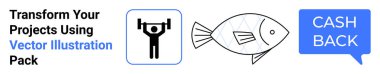 Weightlifter lifting a barbell, fish illustration with geometric style, cashback tag in speech bubble. Ideal for fitness, rewards, hobbies, marketing, simplicity, creativity flat landing page banner clipart