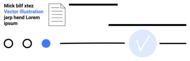 Bir belge simgesi, yer tutucu metin, satırlar, daireler ve mavi bir doğrulama sembolü de dahil olmak üzere soyut ögeler. Web tasarımı için ideal, UIUX, minimalizm, kimlik doğrulama kavramları modern tasarım