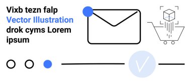Mavi noktalı zarf simgesi, küplü alışveriş arabası, işaret, daireler, çizgiler ve metin elemanları. E- posta pazarlama, e-ticaret, minimal tasarım dijital iletişim için ideal