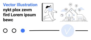 Akıllı telefondan yürüyen biri, bağlantılı özellikleri olan akıllı bir ev, anahtarlar, mavi işaret. Teknolojik yenilik için ideal, akıllı yaşam, mobil bağlantı, güvenlik, tek çözüm
