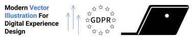 GDPR text surrounded by stars, upward arrows symbolizing growth, and laptop outline. Ideal for privacy policy, data security, technology innovation, compliance, digital rights, online business clipart