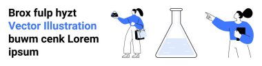 İki stilize araştırmacı bir laboratuvar örneğini analiz eder ve bir deney şişesinin yanında notlar alır. Düz iniş sayfasında eğitim, araştırma, takım çalışması, keşif, yenilik, öğrenme, bilim için idealdir