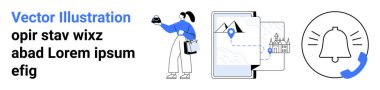 Telefondaki haritanın yanında navigasyon aletini tutan kadın, uyarı zili ve çağrı sembolü. Seyahat, mobil uygulamalar, navigasyon, iletişim, bildirimler, turizm sade iniş sayfası afişi için ideal