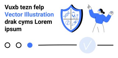 Tıbbi ikonlar içeren kalkanlar DNA ipliği, kalp, stetoskop, şırınga. VR kulaklık takan kişi yakınlarda duruyor. Sağlık teknolojisi, eğitim, tıbbi araştırma ve sanal gerçeklik için ideal