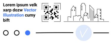 QR kodu, modern şehir manzarası taslağı ve sahte metinli etkileşimli elementler. Teknoloji, kentsel gelişim, modern yaşam, tarama, etkileşimli tasarım, iş ve dijital pazarlama için ideal
