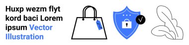 Fiyat etiketli çanta, kilit ve işaretli güvenlik kalkanı, soyut yaprak tasarımı. E-ticaret, siber güvenlik, alışveriş, markalaşma, mahremiyet, çevre dostu temalar düz iniş sayfası afişi için ideal